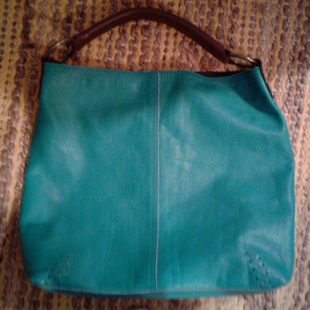 Lucky Brand Whipstitch Pebbled Slouchy Tote: Teal/Chocolate Leather Shoulder Bag
